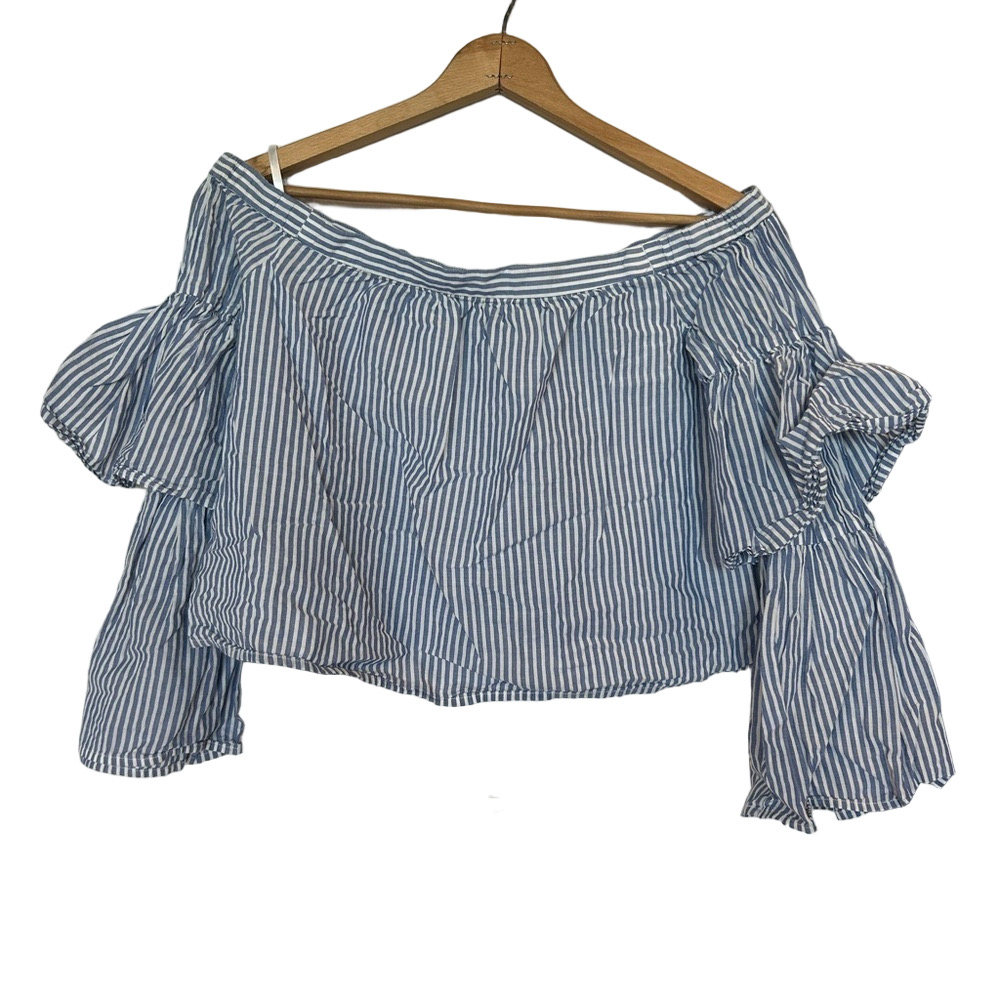 BCBGMAXAZRIA Blue White Stripe Off-Shoulder Ruffle Top Size S